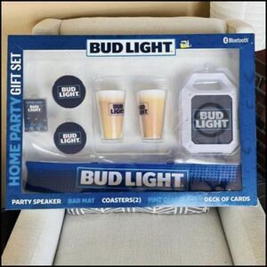 ￼ New Budlight home Party Gift Set Speaker Coasters Pint Glasses Bar Mat Cards